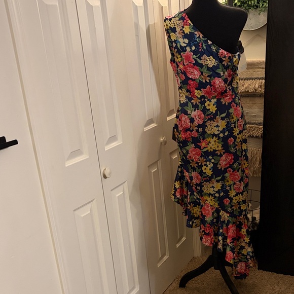 Lulu's Navy Floral One Shoulder Dress - Blue and Pink - Picture 2 of 10
